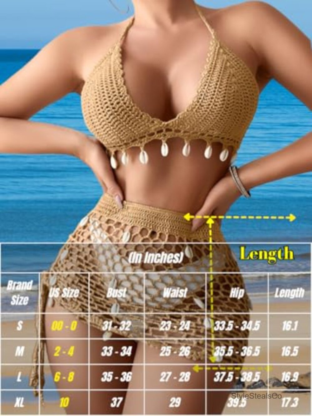 Two Piece Skirt Set Crochet Shell Boho Swimsuit Cover Up - Picture 5 of 6